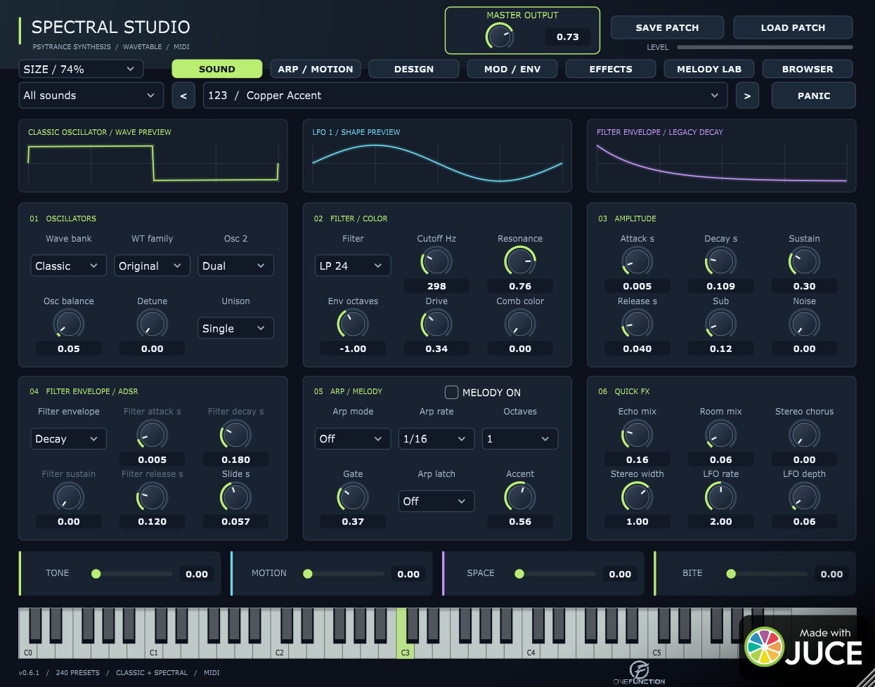 SPECTRAL beta: actual Sound page with oscillator, filter and envelope controls